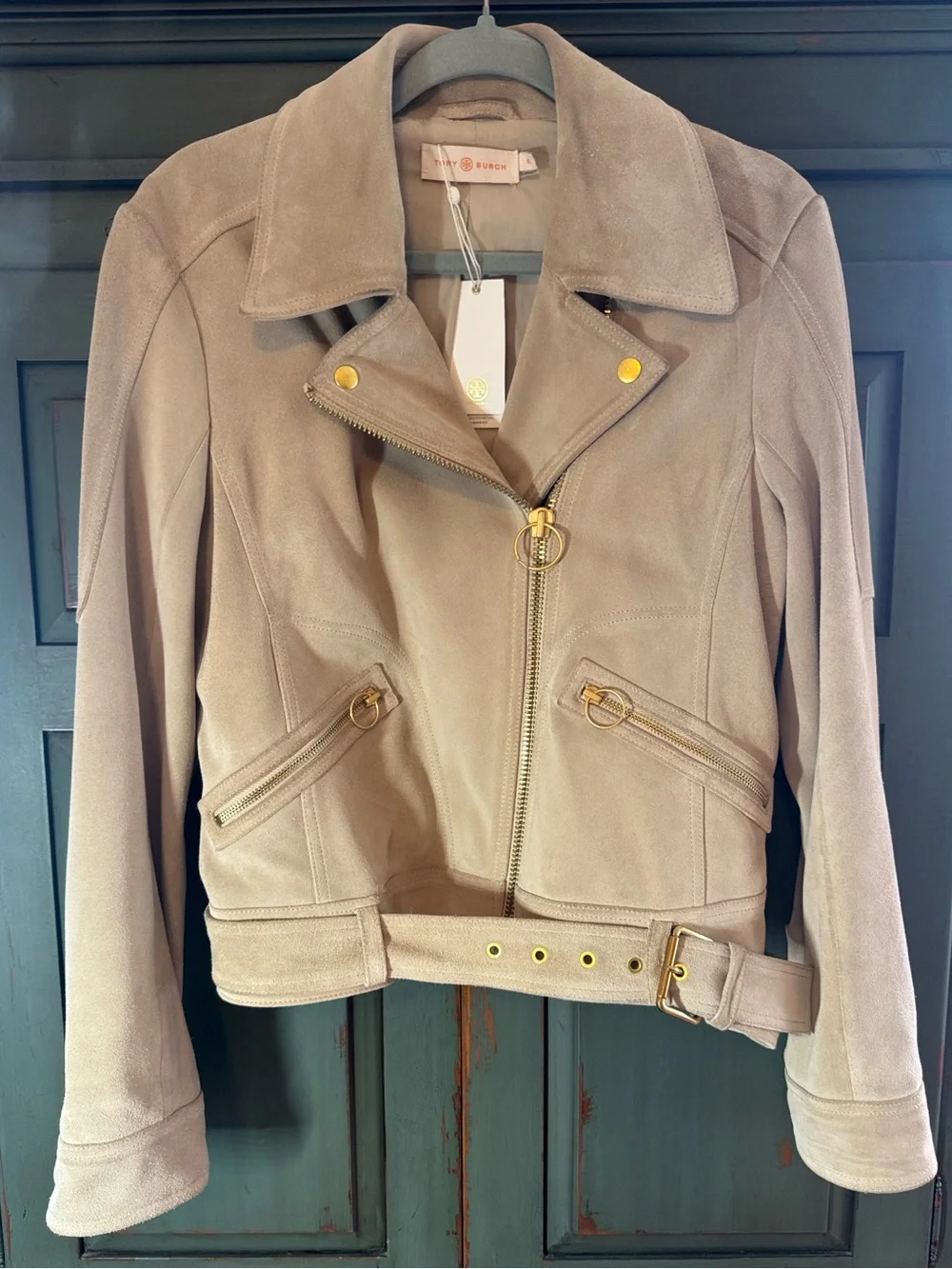 NWT Tory Burch Taupe Suede Moto Biker Jacket Brushed Gold Hardware Heavy$1K tag!